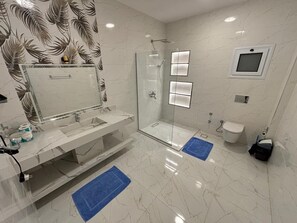 Shower, hair dryer, towels, toilet paper
