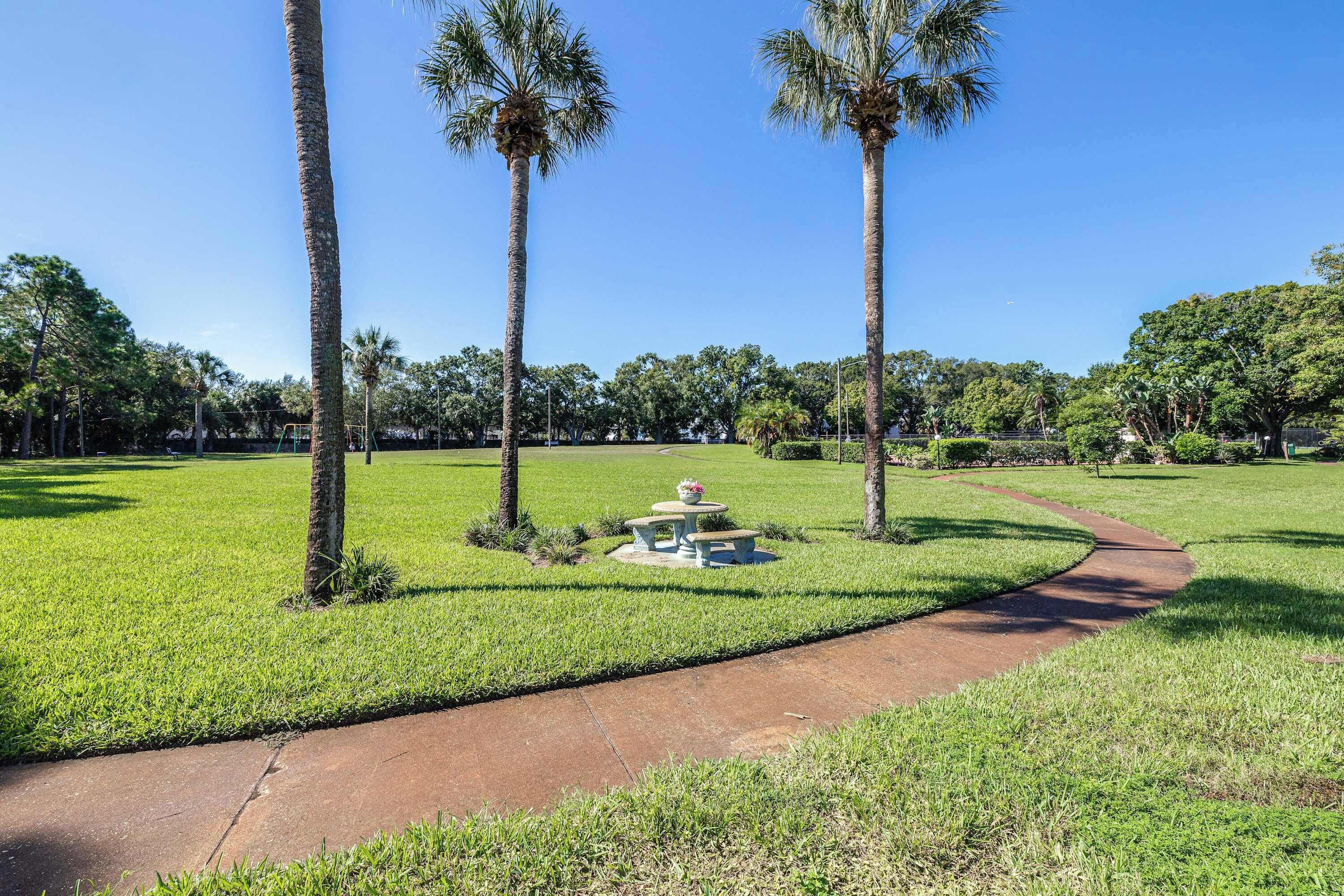 A park with a paved walkway, palm trees, and a picnic table.