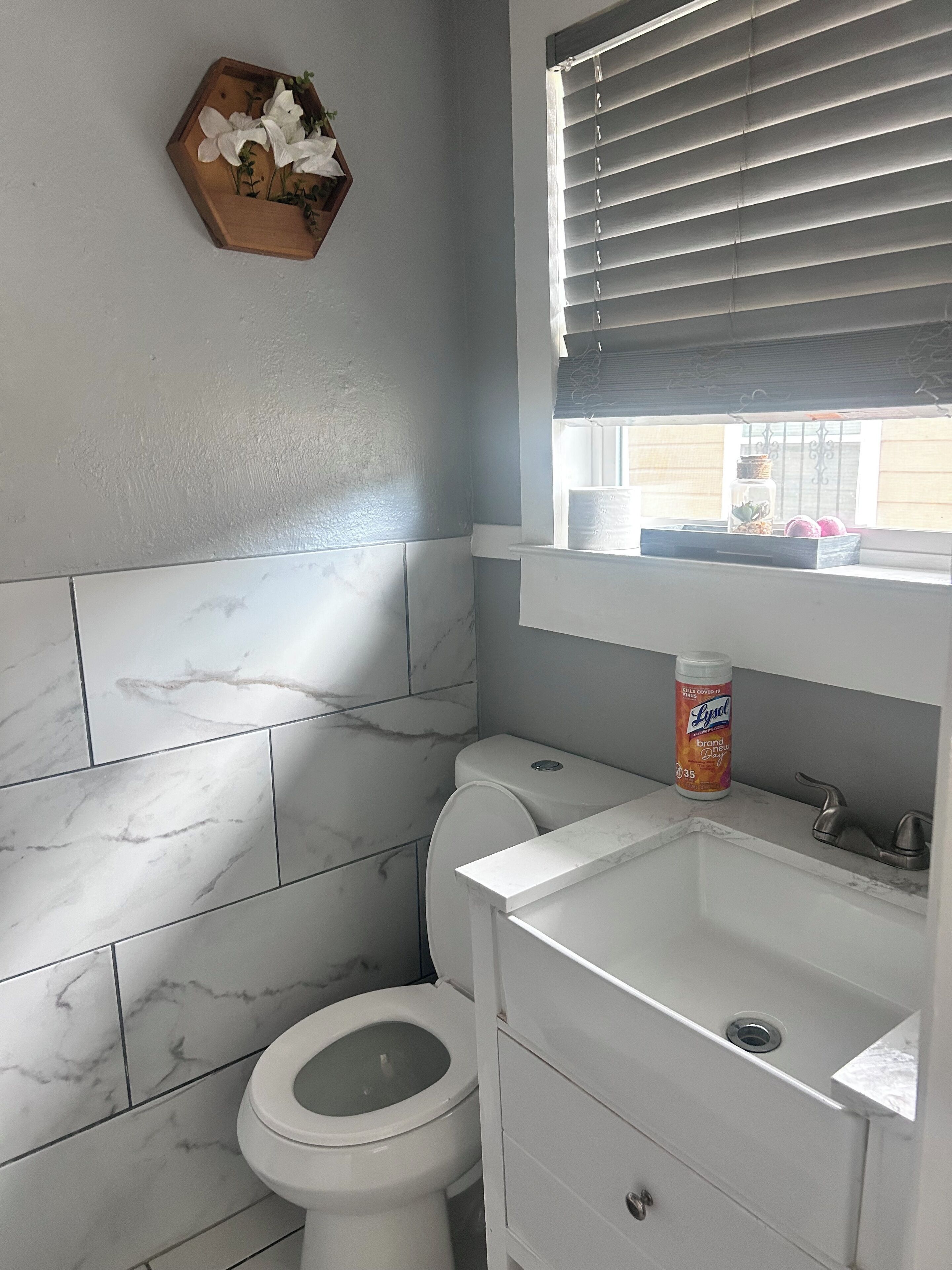 Hair dryer, towels, toilet paper