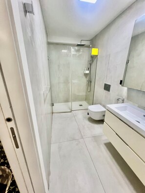 Douche, séchoir à cheveux, serviettes fournies, savon