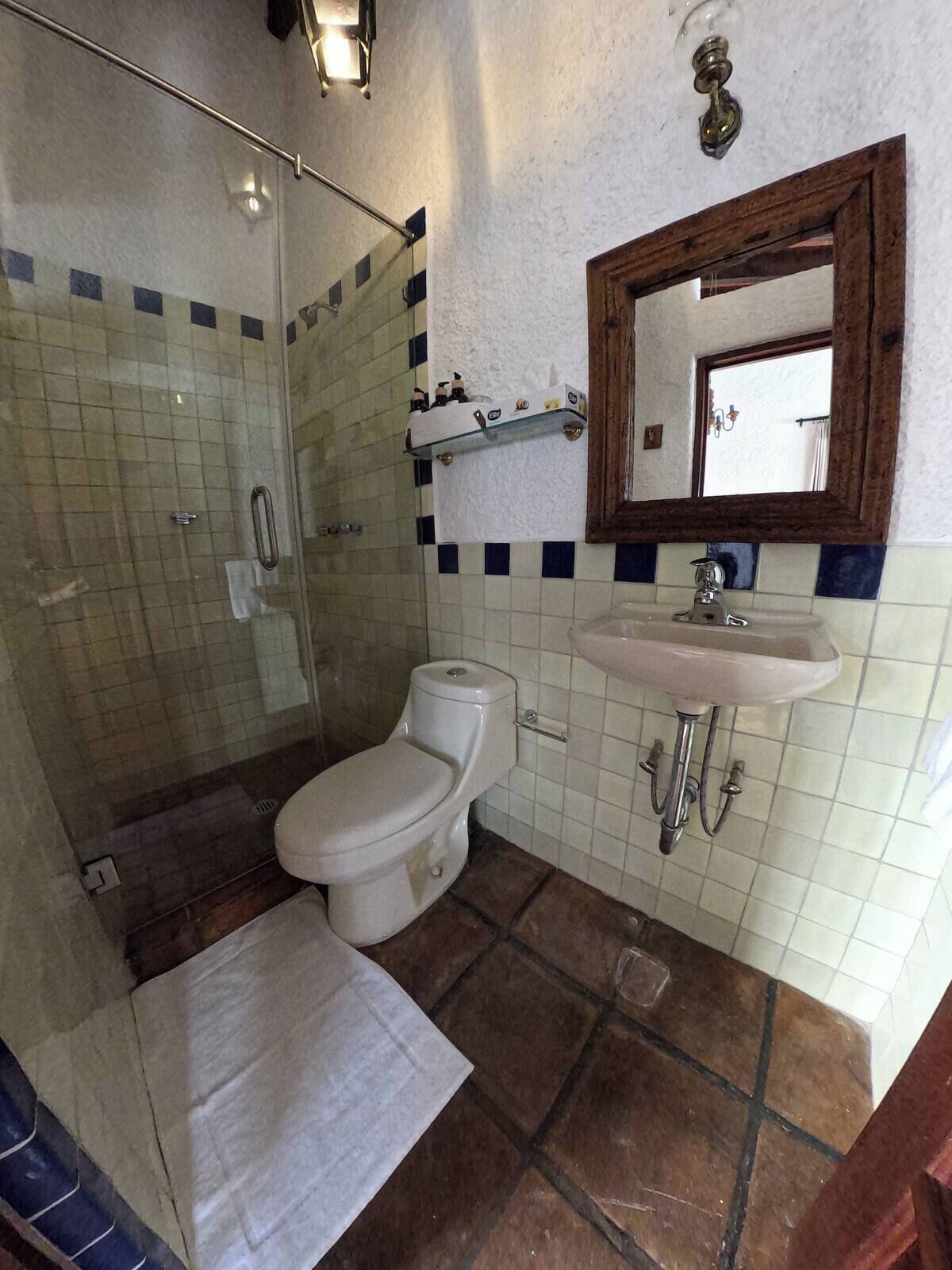Een badkamer met een douche met glazen wand, een toilet en een wastafel met een spiegel erboven.