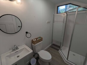 Shower, towels, soap, toilet paper