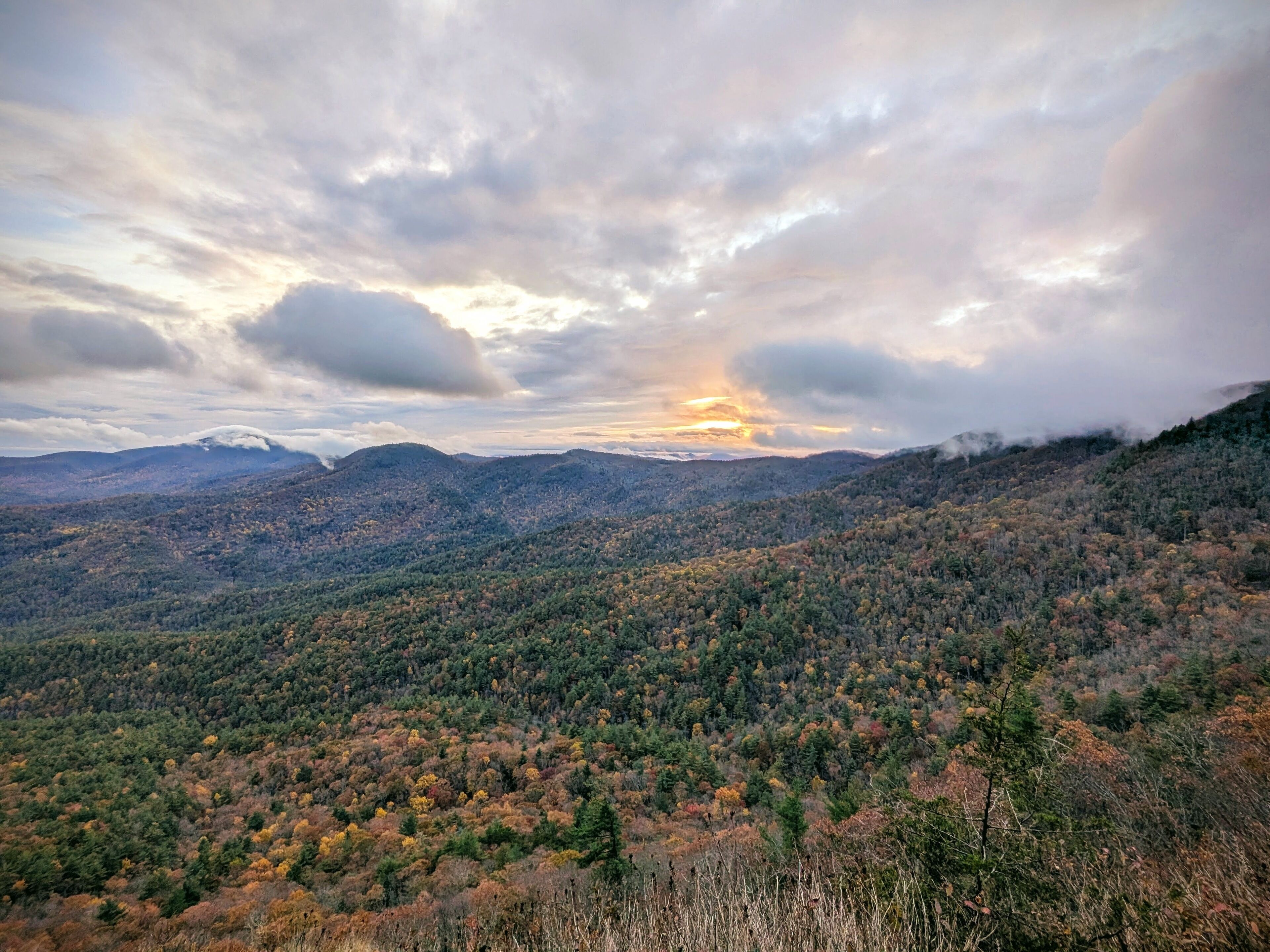 A mountainous landscape with a forested valley and a cloudy sky.