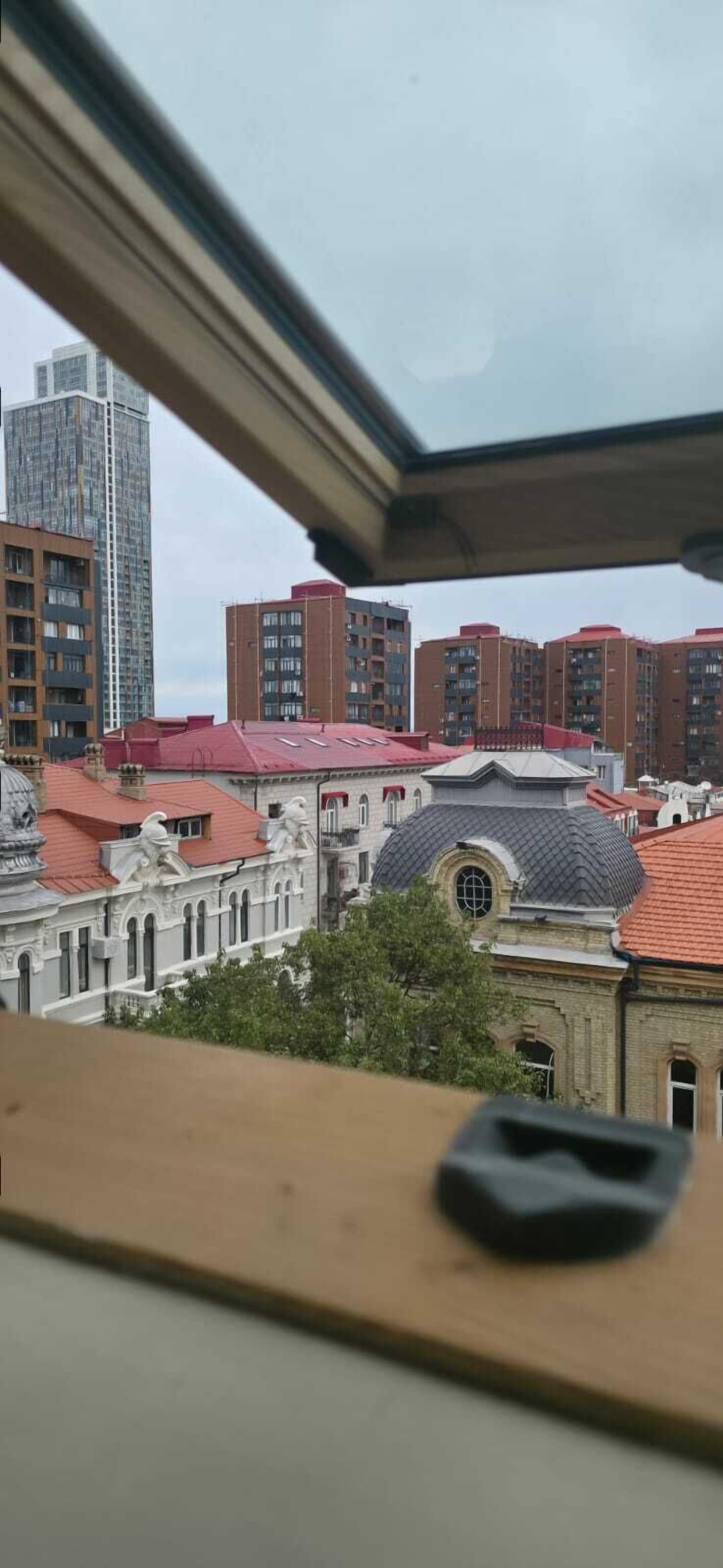 A view from a window overlooking a cityscape with various buildings, including a tall skyscraper and several multi-story residential buildings with red roofs.