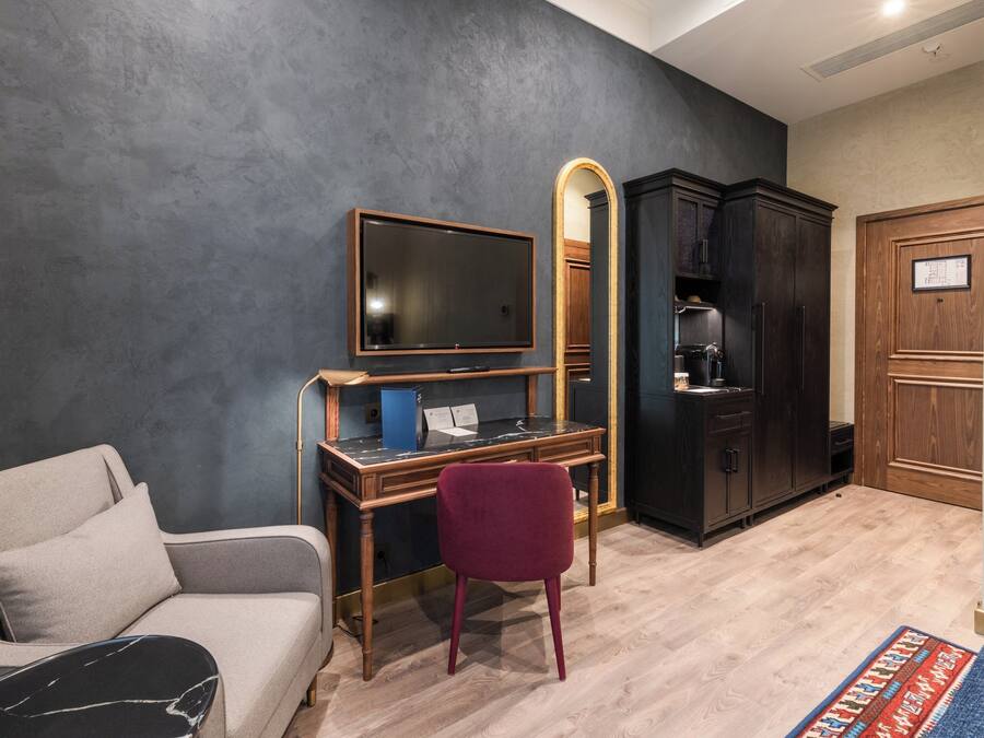 Una habitación con sofá, escritorio con ordenador, televisor, espejo y armario.