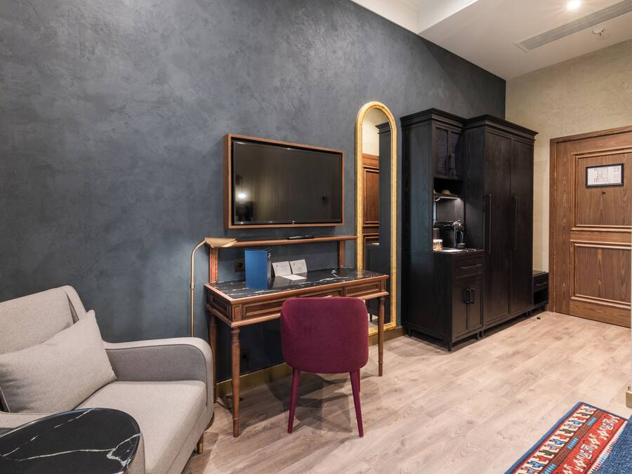 A room with a sofa, a desk with a TV, a mirror, and a wardrobe.