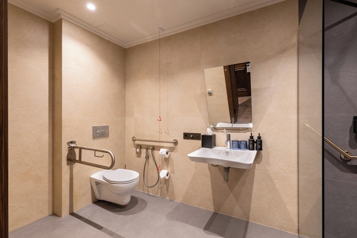 Une salle de bain moderne équipée de toilettes, de barres d’appui, d’un lavabo et d’un miroir.