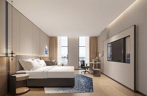 Premium bedding, down comforters, desk, laptop workspace