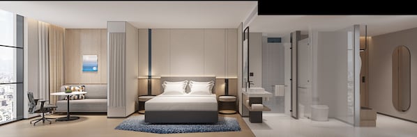 Premium bedding, down comforters, desk, laptop workspace