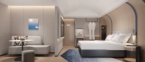 Premium bedding, down comforters, desk, laptop workspace