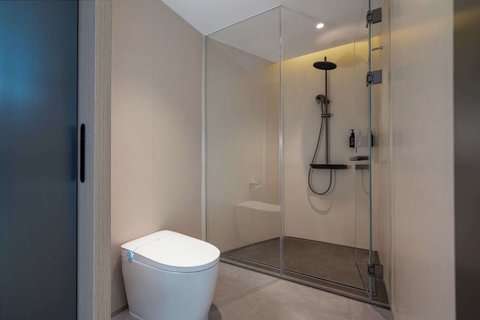 Une salle de bain moderne avec une douche à parois de verre, des toilettes et un lavabo.