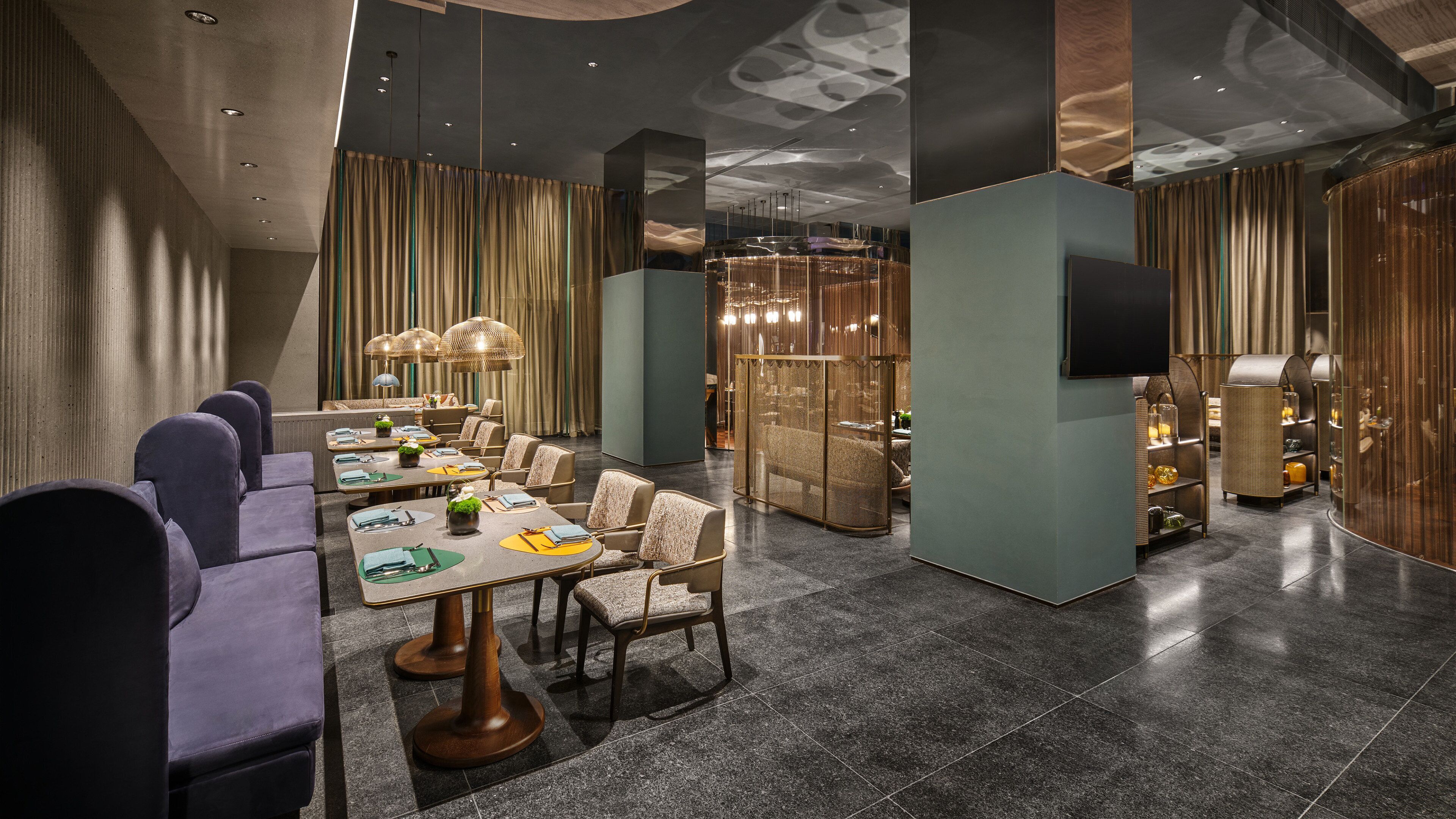 A modern dining area with tables, chairs, and ambient lighting.
