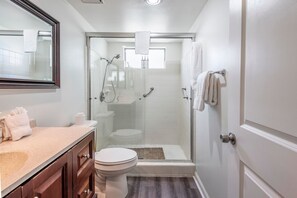 Hair dryer, towels, soap, shampoo
