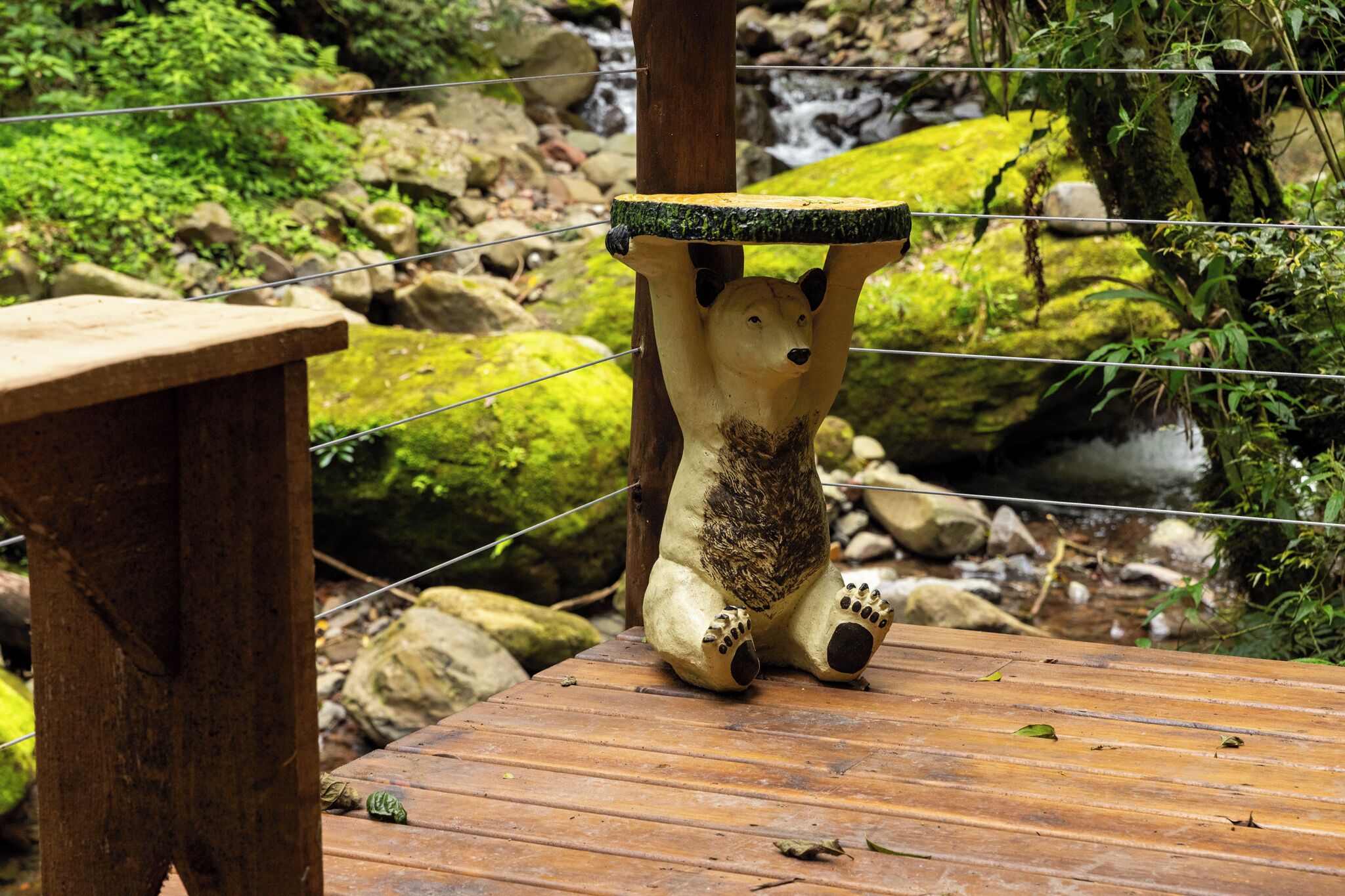 Un banco de madera con una escultura de oso sosteniendo un objeto verde.