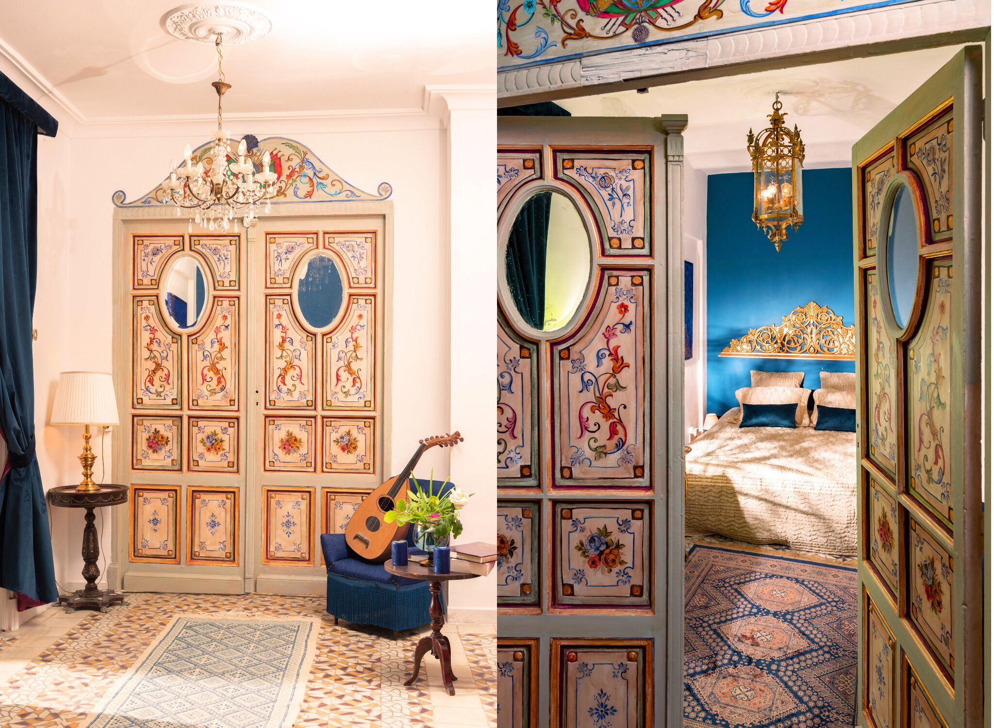 A room with a large ornate door, a guitar, a lamp, and a blue sofa.