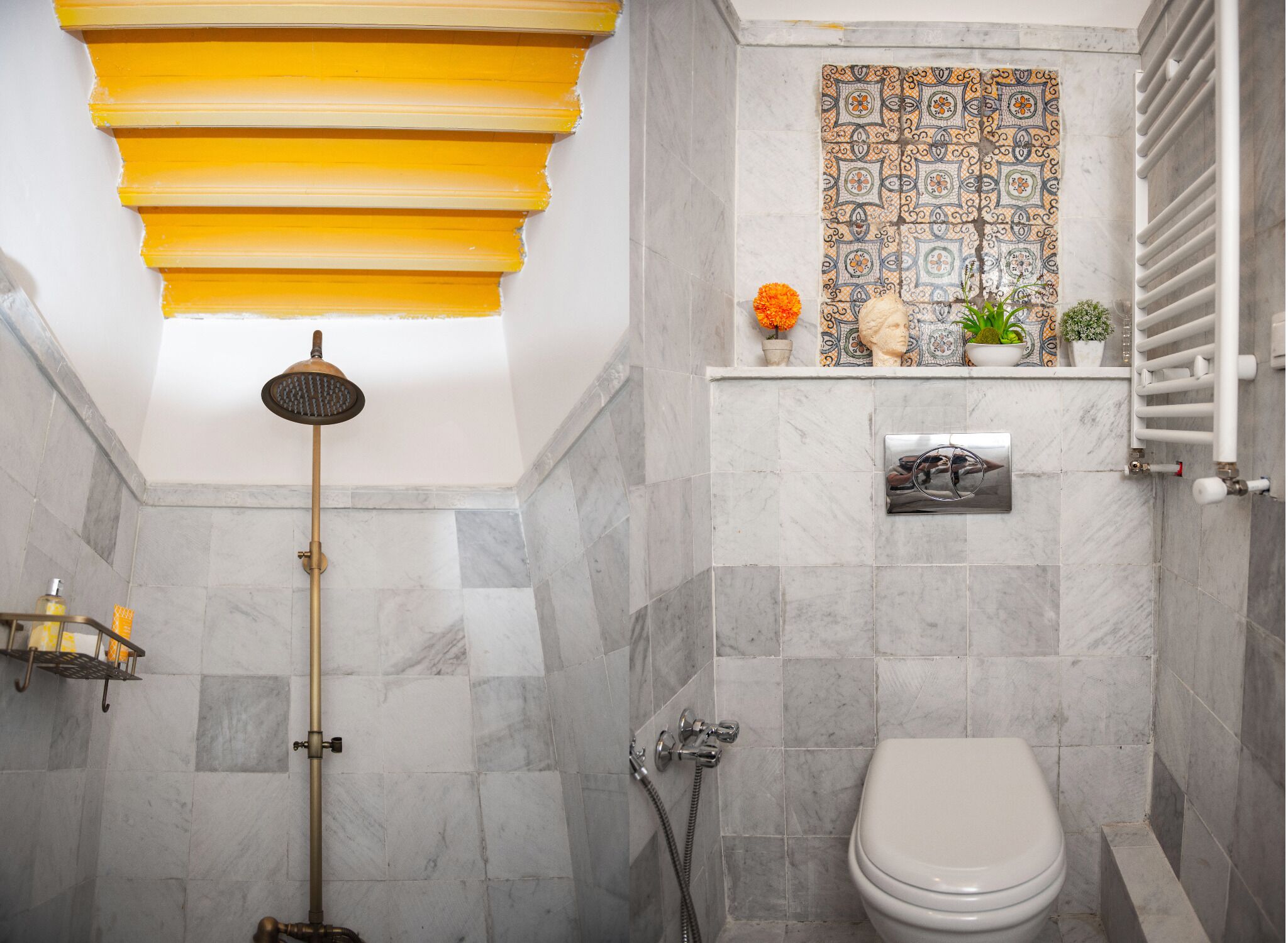 A bathroom with a shower, toilet, and a shelf with toiletries.