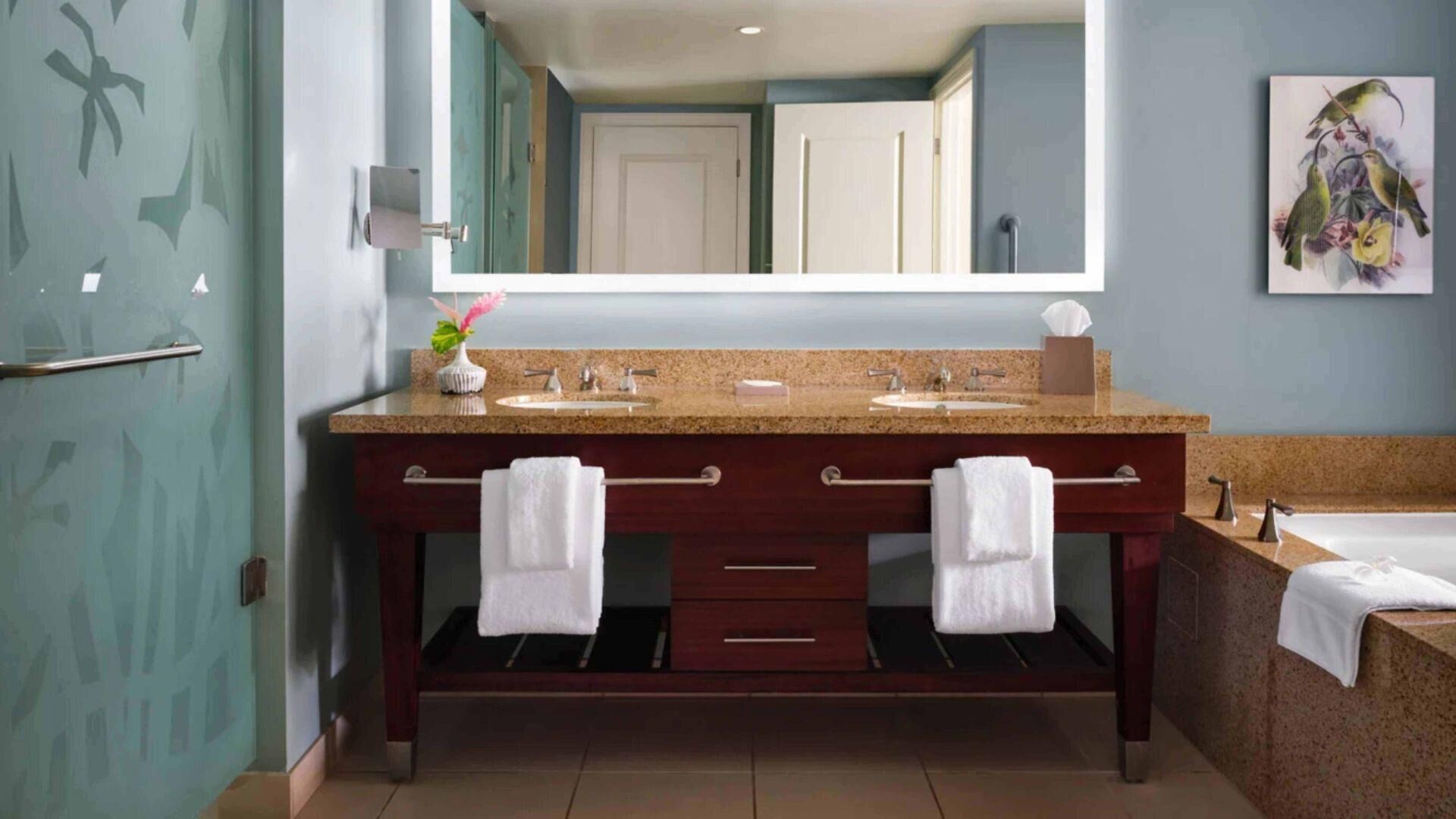 Shower, jetted tub, hair dryer, towels