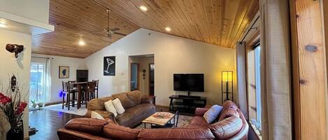 Smart TV, fireplace, DVD player, books