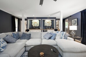 Smart TV, fireplace, books