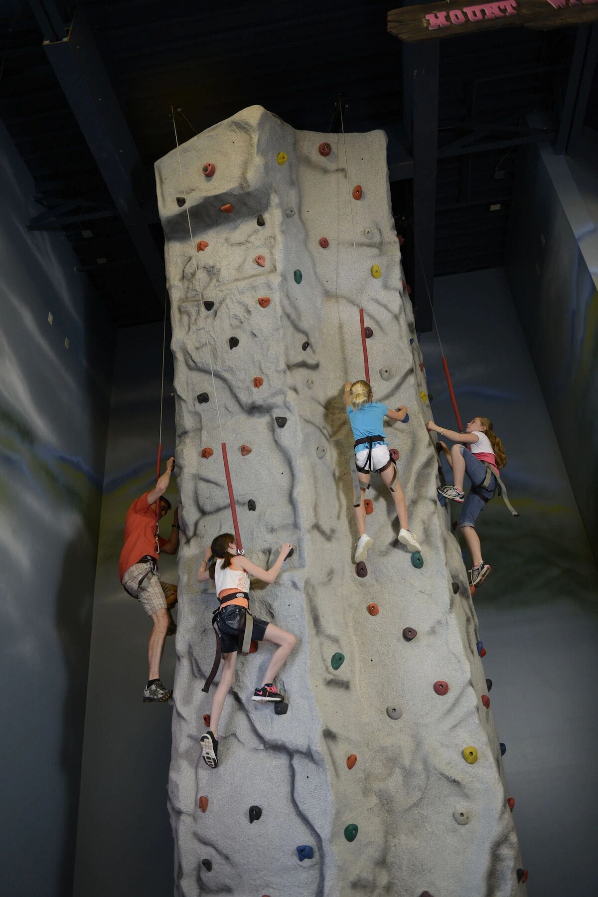 A climbing wall with multiple routes and climbers.
