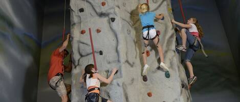 A climbing wall with multiple routes and climbers.