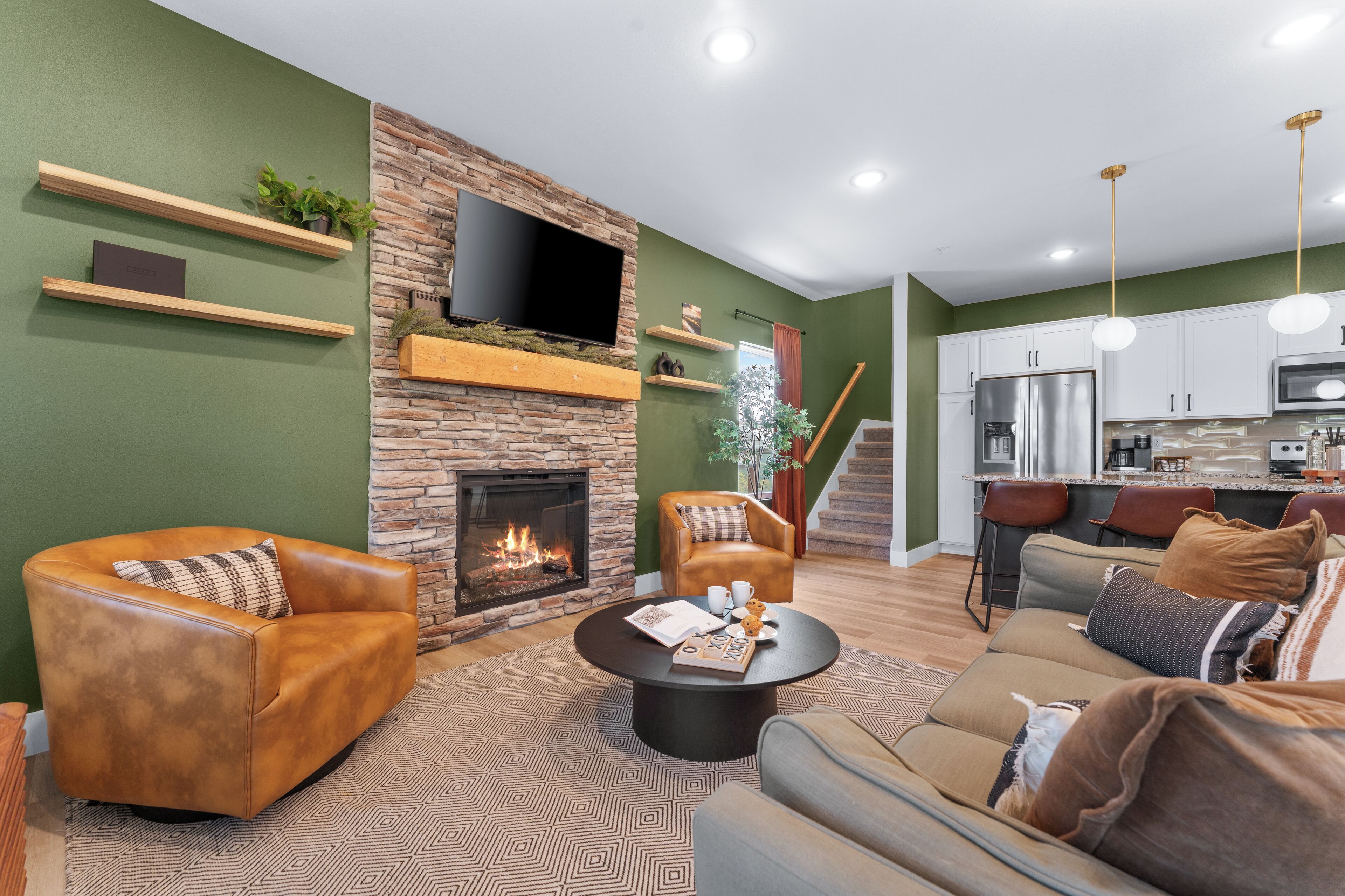 Smart-TV, Kamin, Videospiele, Tischfußball