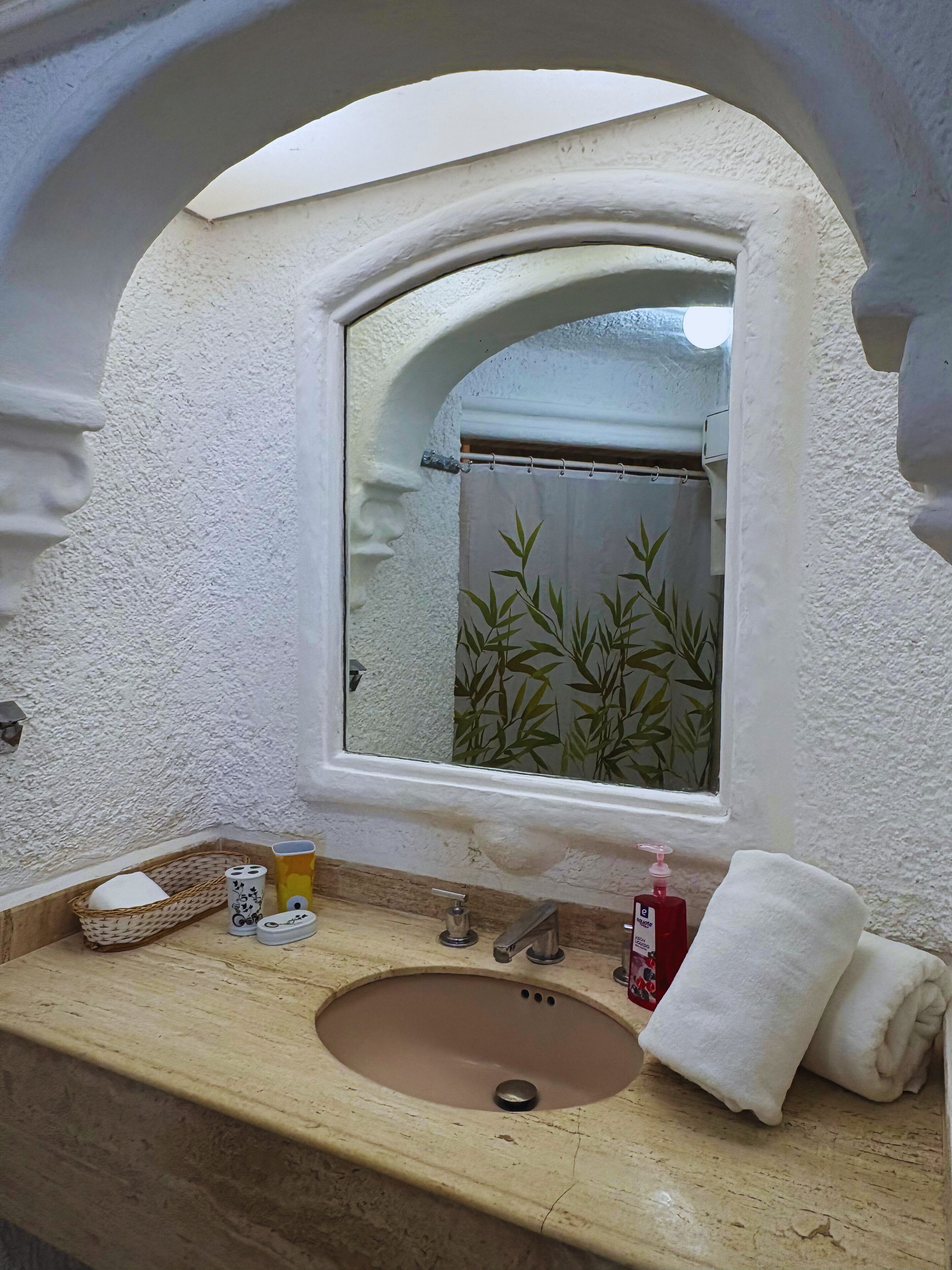 A bathroom with a sink, mirror, and shower curtain.