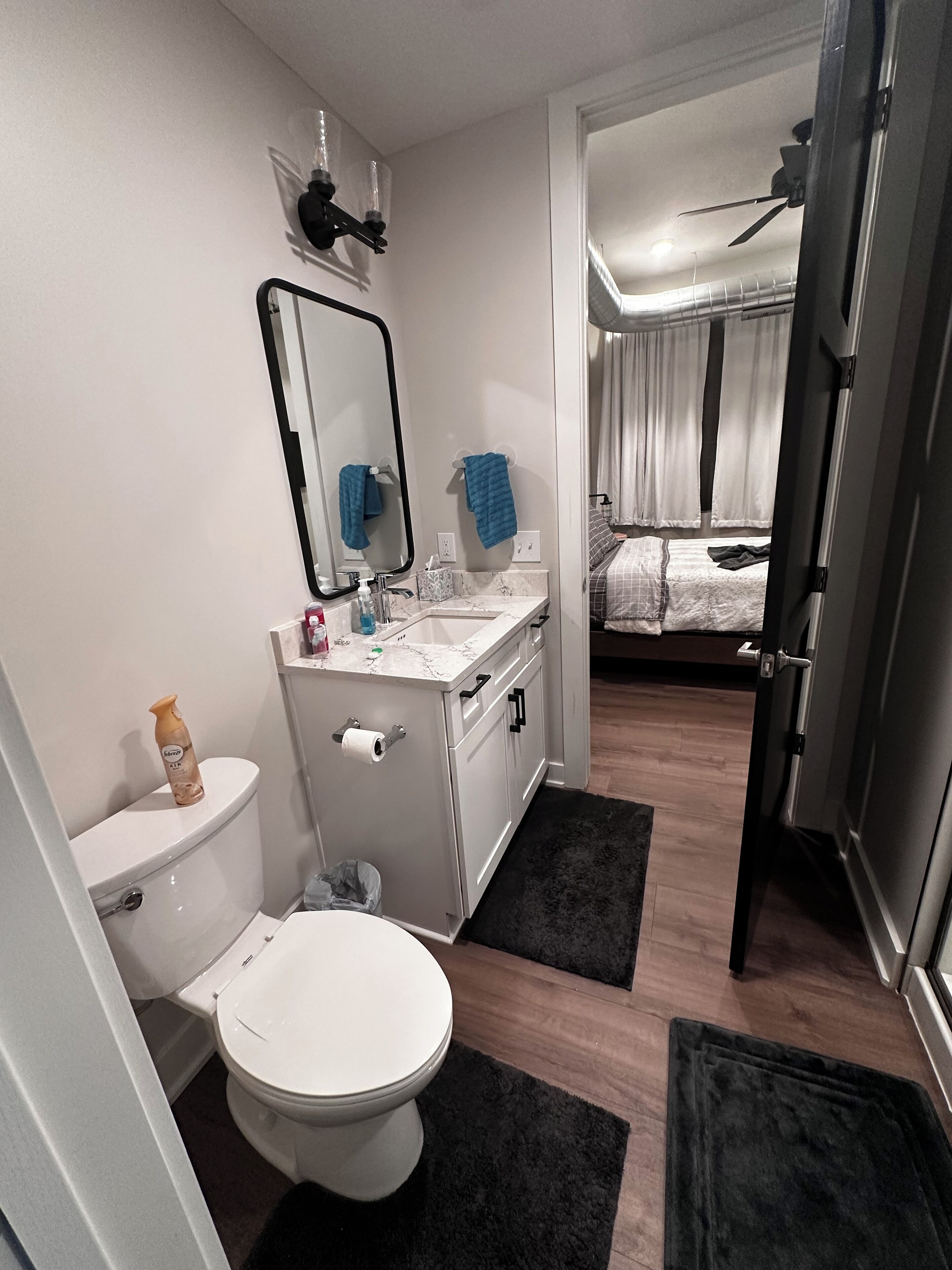 Shower, hair dryer, towels, toilet paper