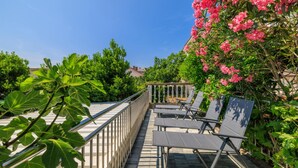 Terraço no telhado com guarda-corpo de metal, fileira de espreguiçadeiras e vista para o verde e edifícios ao redor.