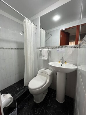 Duş, saç kurutma makinesi, havlu, sabun 