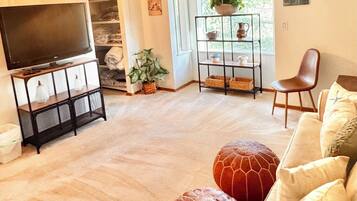 Smart TV, fireplace, books