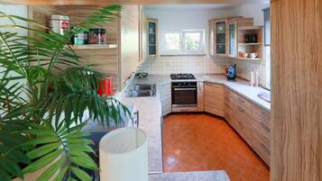 Fridge, stovetop, dishwasher, coffee/tea maker