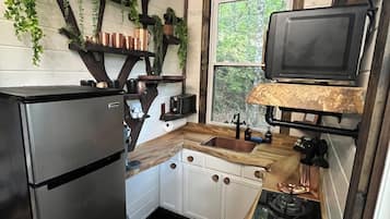 Fridge, microwave, stovetop, coffee/tea maker