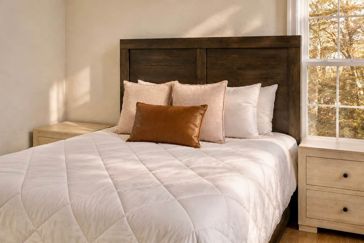 A bed with a quilted white duvet, a wooden headboard, and multiple pillows.