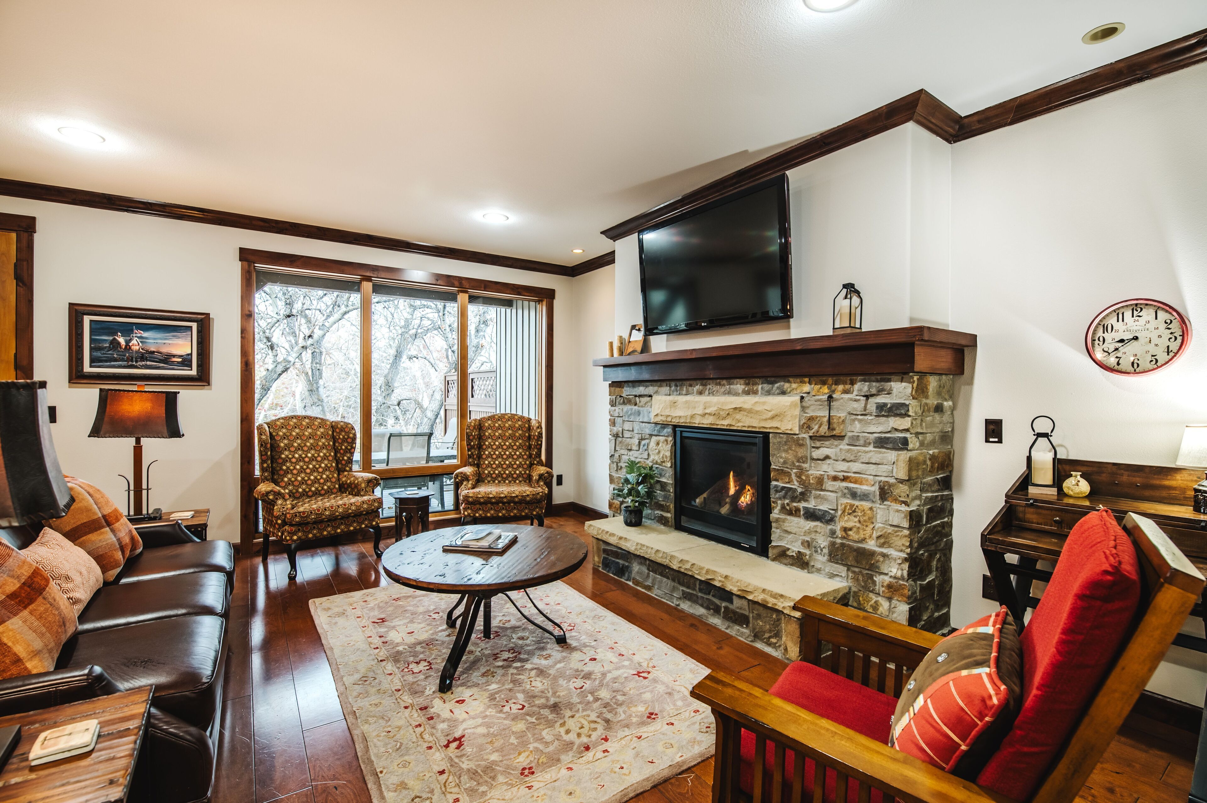 TV, fireplace, books