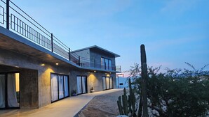 A modern building with a flat roof, a covered walkway, and a desert garden with cacti and a tree. - CASA ZORRO Close to the hot springs, bike trails and beautiful beach. (El Sargento)