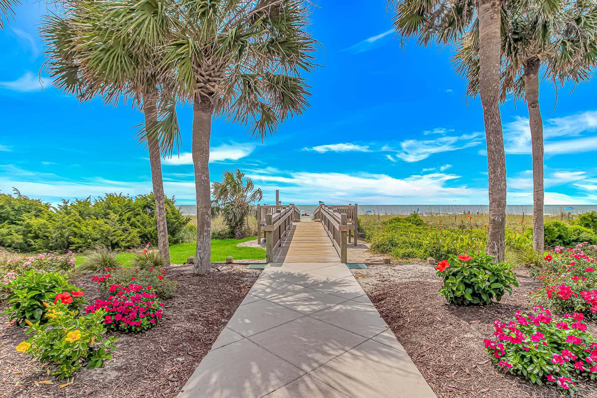 A pathway leading to a beach with palm trees and flower beds.