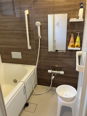 Hair dryer, towels, soap, toilet paper