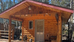 A wooden cabin with a porch, a door, and a window.