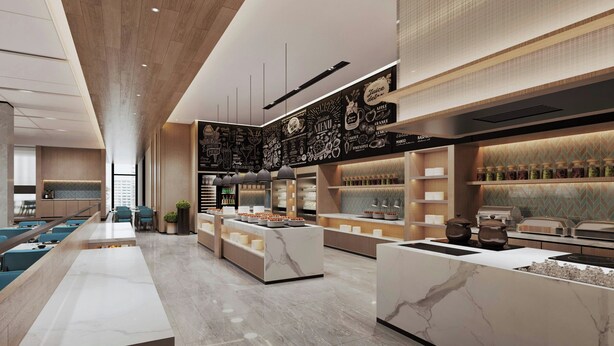A modern restaurant with a long counter, seating area, and a menu wall. - Fairfield By Marriott Yinchuan Xingqing (Yinchuan)