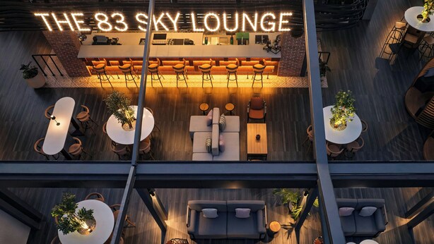 A modern lounge with multiple seating areas, a bar, and a neon sign reading "THE 83 SKY LOUNGE". - Four Points By Sheraton Kinshasa (Kinshasa)