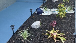 A residential exterior with a blue-painted exterior, a black railing, and a garden area with various plants and a welcome sign. - Charming and Cozy Winter Haven Oasis (Winter Haven)
