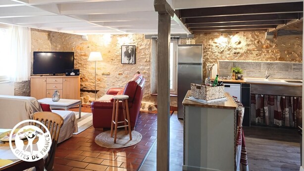 Un salon chaleureux avec un téléviseur, un canapé rouge et un mur en pierre.