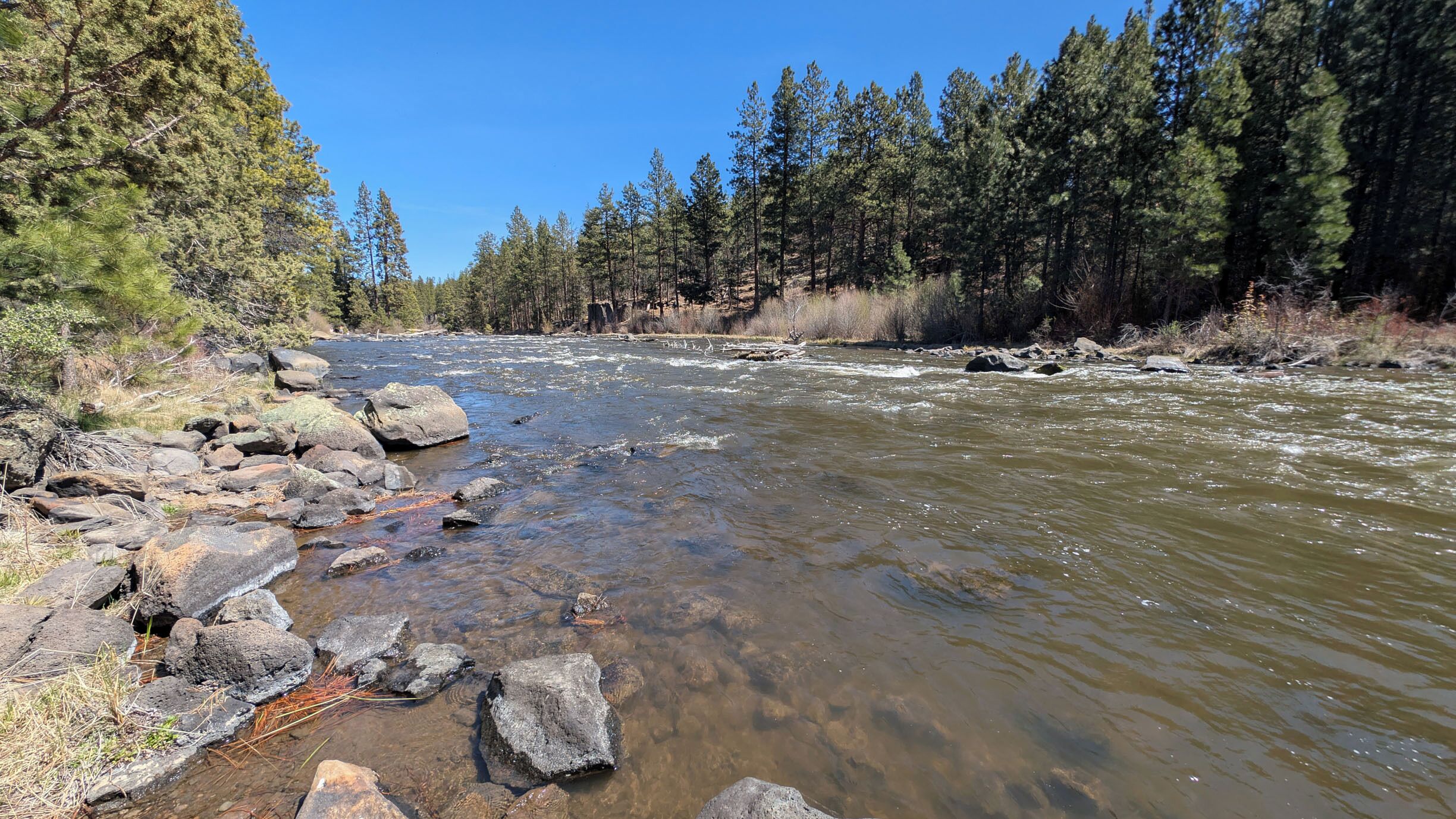 Ein Fluss mit klarem Wasser, umgeben von Felsen und Bäumen.