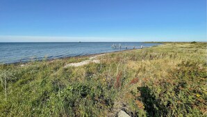 A coastal landscape with a grassy foreground, a sandy beach, and a clear blue sky. - 2 bedroom nice home in Harpelunde (Harpelunde)