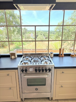 Une cuisine équipée d’une cuisinière à gaz, d’un four et d’une grande fenêtre donnant sur un paysage verdoyant.