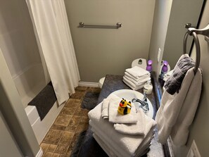 Hair dryer, towels, soap, toilet paper