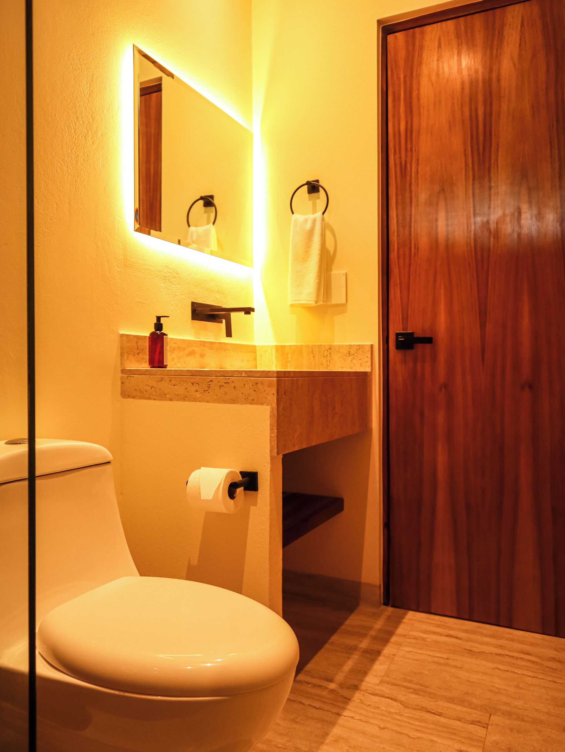 A bathroom with a toilet, sink, mirror, and wooden door.