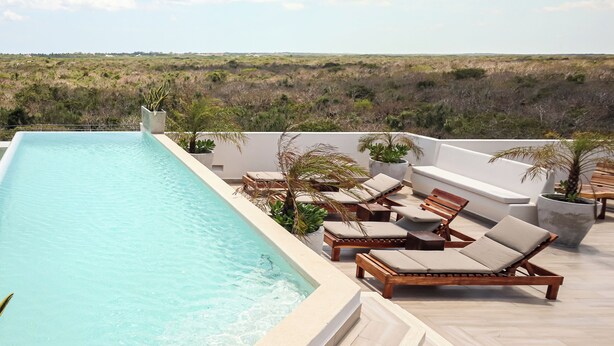 A rooftop pool area with lounge chairs and potted plants. - Luxury Apartment in Botánic Tulum 2 Br (Tulum)