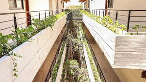 A narrow corridor with balconies on both sides, lined with greenery and plants. - Luxury Apartment in Botánic Tulum 2 Br (Tulum)